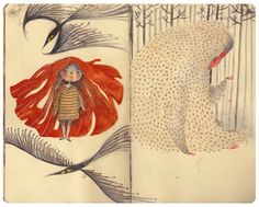 an open book with illustrations of birds and a child in the middle one is wearing a red cape