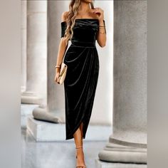 New Luxe Off Shoulder Wrap Front Velvet Dress Gown * Off Shoulder * Short Sleeve * Draped Wrap Front * High Waist * Tulip Wrap Long Skirt * Back Zip * Soft Stretch Fitted Bodycon *Approximate Unstretched Measurements* Small (4) * Bust 31.5"(Up To 35.25") * Waist 26.25"(Up To 27.5") * Hip 34"(Up To 37.25") * Length 47" Medium (6) * Bust 33"(Up To 37") * Waist 28"(Up To 29") * Hip 35.25"(Up To 39") * Length 47.5" Large (8/10) * Bust 35.25"(Up To 39.25") * Waist 30.25"(Up To 31.5") * Hip 37.75"(Up Retro New Years Eve, Retro New Years, Gown Off Shoulder, Tulip Wrap, Gown Black, Shoulder Wrap, Fall Winter Dresses, Fancy Party, Bridal Photos