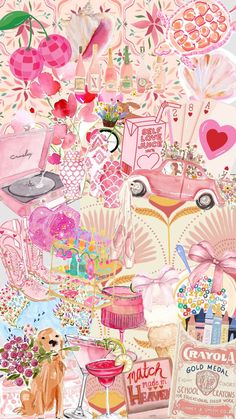 a collage of pink and white items with hearts, flowers, and other things