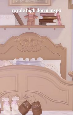 there is a bed with two teddy bears on the headboard and bookshelf above it