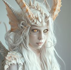 a woman with white hair and horns is dressed up as a demon or elf for halloween