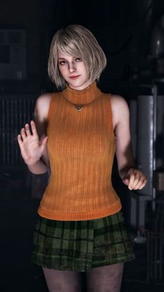 a woman with blonde hair wearing a brown top and green plaid skirt standing in front of a dark background