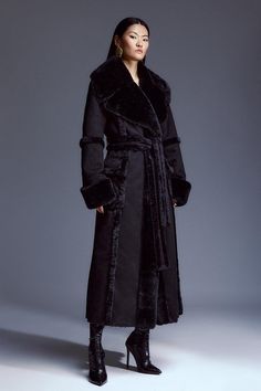 Tall Faux Shearling Collar & Cuff Tie Belt Maxi Coat - Black - Feel elevated no matter the weather in our tall midi length coat, made in high quality, thick faux shearling, featuring a belted waist for a flattering fit, and a wide collar and midi length to protect from the cold weather. Wear it over any outfit, whether heading out for dinner or to the office. Tall Faux Shearling Collar & Cuff Belted Midi Coat High Quality, Thick Faux Shearling Fabric Flattering Straight Silhouette Wide, Belted W Plus Size Workwear, Coat White, Timeless Luxury, Wrap Belt, Maxi Coat, Roll Neck Sweater, Fashion Suits, Belt Tying, Knee High Leather Boots