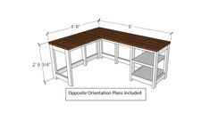 the corner desk is shown with measurements for each side and bottom section, along with an open shelf