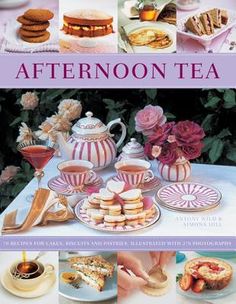 the cover of afternoon tea, with pictures of cakes and pastries on plates in front of