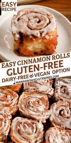 cinnamon rolls with glaze and vegan - free option on a plate next to the recipe for easy cinnamon roll gluten - free