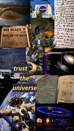 collage of nasa related items including books, pictures, and writing on paper with words written in them