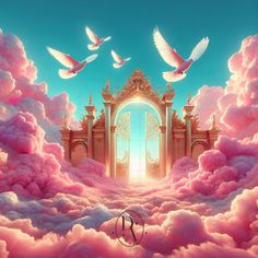 an open doorway surrounded by pink clouds and birds flying above it with the letter r in the middle