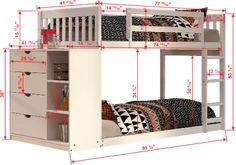 bunk bed with drawers and ladders for children's bedroom, size chart showing the height