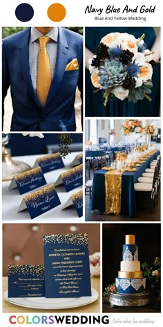 blue and gold wedding color palettes for the bride, groom, and guests to choose from