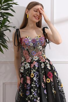 Colorful Applique Floral Corset Black Dress with Tie Straps Corset Floral Dress, Dress With Tie Straps, Corset Black, Floral Corset, Floral Pattern Dress, Exclusive Dress, Fabric Accessories, Black Corset, Dress With Tie