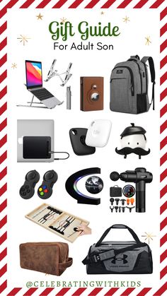 the gift guide for adult son includes everything you need to pack in one bag, an electronic device, and more