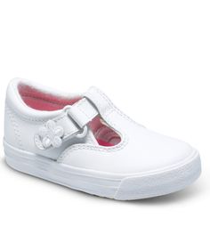 From Keds&#x2C; the Daphne T-Strap Sneakers feature:leather upperhook and loop closure with flower detailpadded collarImported. Trendy Baby Shoes, Clogs Outfit, T Strap Shoes, Girls Shoes Kids, Baby Sneakers, Shoes Size 7, Girls Sneakers, E Bay, Toddler Shoes