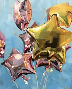 an oil painting of balloons floating in the air