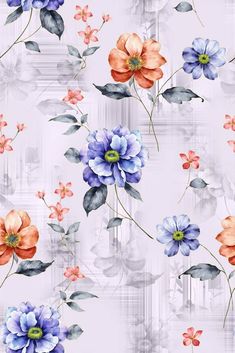 watercolor flowers on a white background with blue, orange and pink blooms in the middle