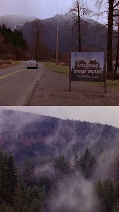 there are two pictures one is fog and the other has trees on both sides with mountains in the background