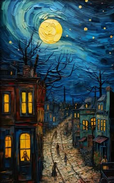 a painting of a person walking down a street at night