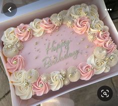 a pink and white birthday cake in a box with the words happy birthday written on it