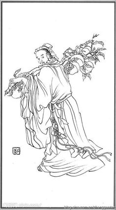 a black and white drawing of an angel holding flowers