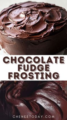 chocolate fudge frosting on top of a cake with the words, chocolate fudge frost