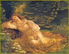 a painting of a woman sitting on a chair in the grass with lily pads around her