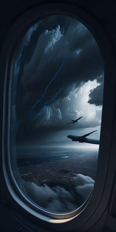 an airplane window looking out at the clouds and lightning