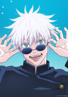 an anime character with white hair and blue eyes wearing black sunglasses, holding his hands behind his head