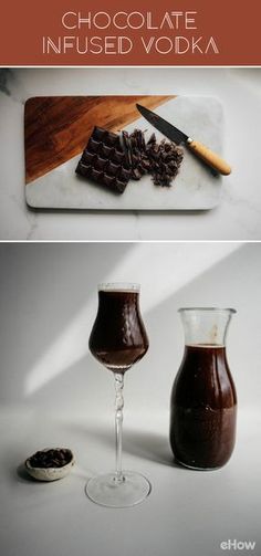 chocolate infused vodka in a glass next to a spoon