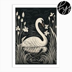 a black and white drawing of a swan in the water