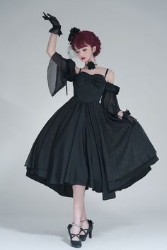 Morning Dew Black Off-the-shoulder Neckline Short Sleeves Elegant Lolita Dress OP Dress Reference Pose, Pose Reference Dress, Dress Pose Reference, Elegant Poses Reference Drawing, Classic Lolita, Female Pose Reference, Body Reference Poses, Morning Dew, Standing Poses