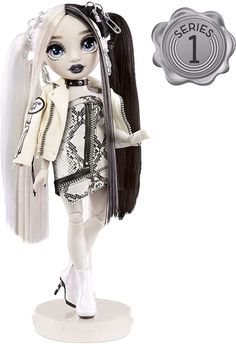 a doll with long black hair and blue eyes is standing on a white base holding a purse