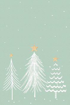 a christmas card with three trees and stars on the top, against a light green background