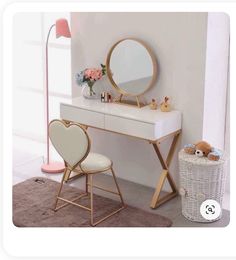 a white desk with a mirror, chair and teddy bear