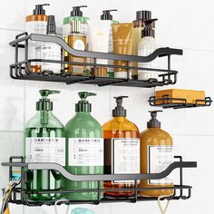 the bathroom shelves are organized with soaps, lotions and hand washes on them