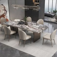 a dining room table with chairs around it