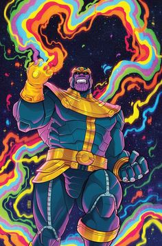 an image of thanos from the animated movie, with colorful swirls in the background