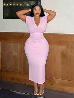 Pink Elegant Collar Short Sleeve Knitted Fabric Plain Bodycon Embellished Medium Stretch  Women Plus Clothing Plus Size Dresses, Pink Bodycon, Black Curves, Curvy Women Outfits, Second Baby, Curvy Outfits, Dress P, Fashion Online Shop, All Fashion