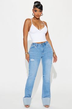 Available In Medium Wash. Bootcut Jean 5 Pocket Ripped Roll Cuff 10" Mid Rise 32.5" Inseam Medium Stretch Disclaimer: Due To The Specialized Wash & Distressing Process, Each Garment Is Unique. 67% Cotton 31% Polyester 2% Spandex Imported | It's Cuffing Season Stretch Bootcut Jeans in Medium Wash size 1 by Fashion Nova It's Cuffing Season, Cuffed Jeans Outfit, Wide Cuff Jeans, Cuffing Season, Beautiful Angels, Elastic Waist Jeans, Bootcut Jean, Service Women, Mom Jean