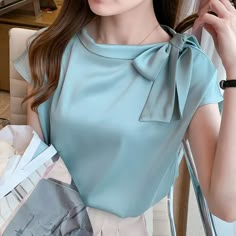 Silk Satin Bow Women's Shirts 2021 Summer Short Sleeve Casual Blouse Plus Size Female Clothing O Neck Women Tops Blusas 14342 Bow Women, Women Shirt Top, Blouse Plus Size, Female Clothing, Satin Blouse, Plus Size Blouses, Casual Blouse, Single Piece, Silk Blouse