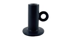 a black coffee cup on a stand with the handle extended to it's side