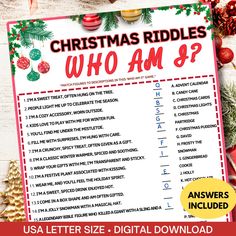 christmas riddles who am i? answer sheet for the usa letter size digital printable