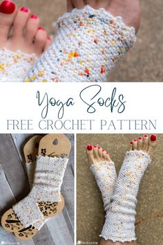 the legs and feet of a woman wearing yoga socks with crochet patterns on them