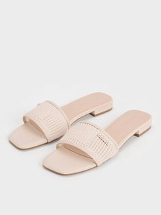 Cream Mesh Knitted Slide Sandals - CHARLES & KEITH US Casual Summer Slides With Block Heel, Casual Block Heel Slides For Summer, Casual Block Heel Summer Slides, Summer Vacation Mules With Square Toe, Square Toe Slides For Beach In Spring, Spring Beach Slides With Square Toe, Chic Beach Slides With Square Toe, Casual Square Toe Slides For Summer, Synthetic Square Toe Mules For The Beach