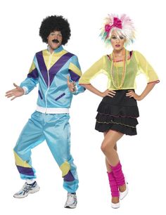 two people are dressed in costumes and one is wearing an afro wig, the other has a moustache on his head