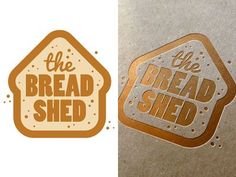 the bread shed logo and sticker are shown in two different colors, one brown and one white