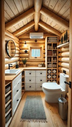 a bathroom with wooden walls and flooring next to a toilet in a log cabin