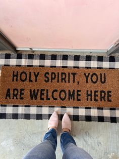 Welcome the presence of the Holy Spirit into your home with our uplifting XL doormat featuring the message, "Holy Spirit, you are welcome here." Let this reminder greet all who enter or exit, encouraging them to turn to God and embark on a daily journey with Him. This doormat can be paired with our XL doormat runner for the look shown here. Please note, restocks are not guaranteed. Once they're gone, they're gone. More details: Coconut coir construction Dimensions: XL 47"W x 15"H Each sold separ Christian Welcome Signs Front Doors, Turn To God, Door Mat Diy, Welcome Signs Front Door, The Holy Spirit, Room Doors, Door Mats, The Message, Door Signs