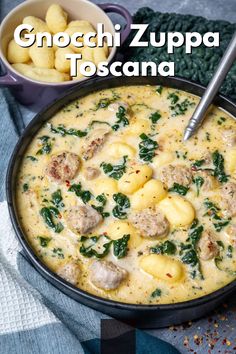 a bowl filled with pasta, meat and spinach next to another bowl full of potatoes