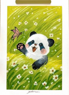 a painting of a panda bear laying in the grass with a butterfly on its back