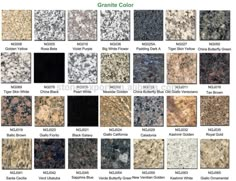 granite color chart for different types of counter tops and walls, including black, white, brown